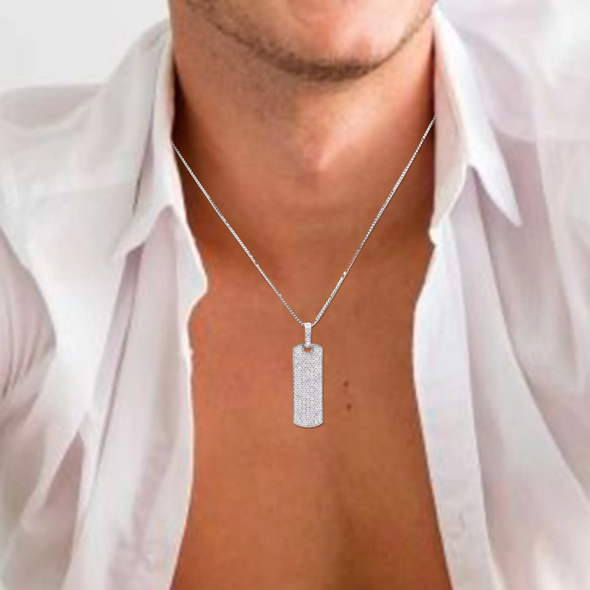 14K White Gold Diamond Dog Tag Pendant for Men