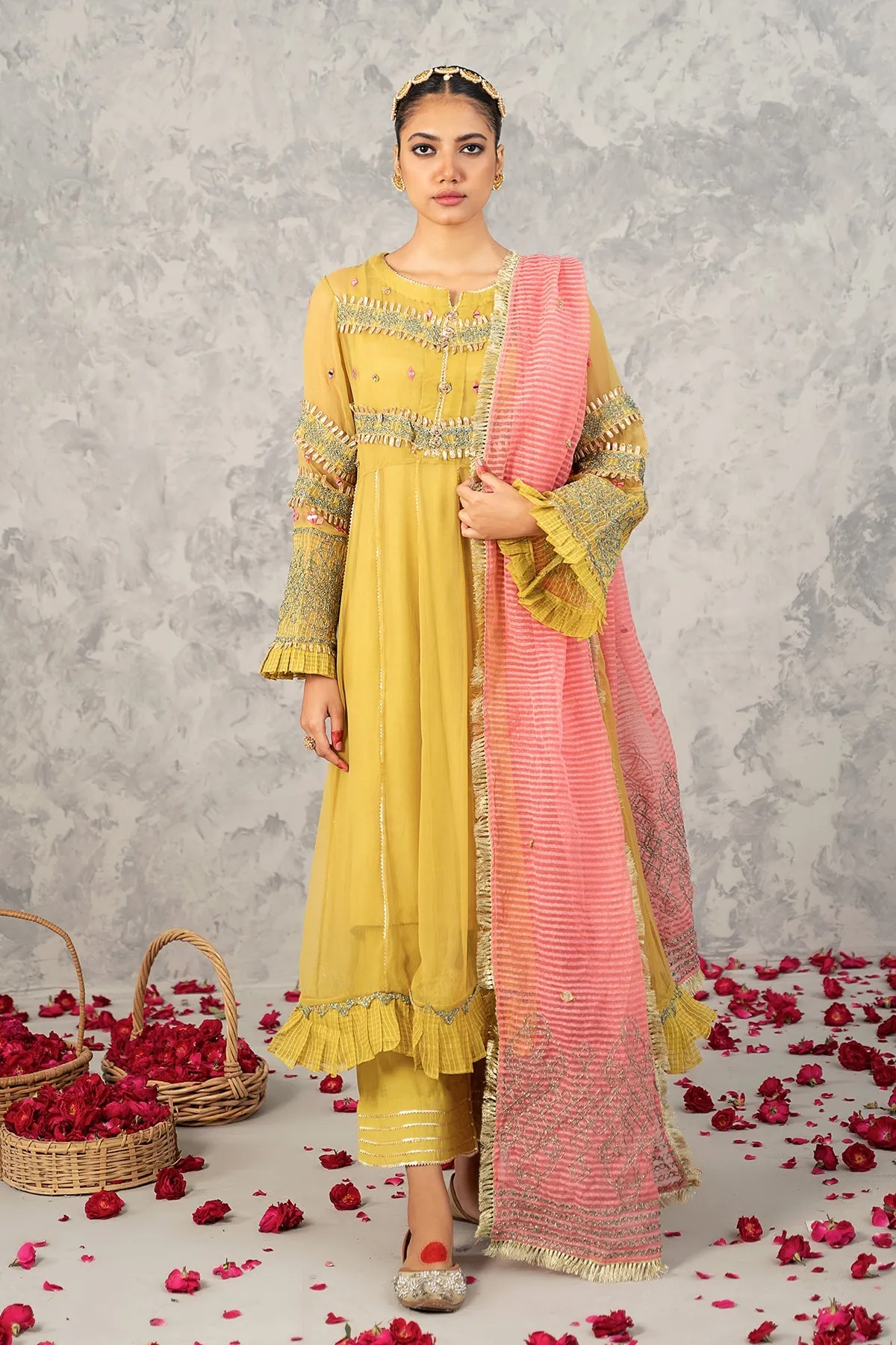 3-PC Embroidered Poly Net Shirt with Net Dupatta and Trouser CMA22-56 (MUSTARD)