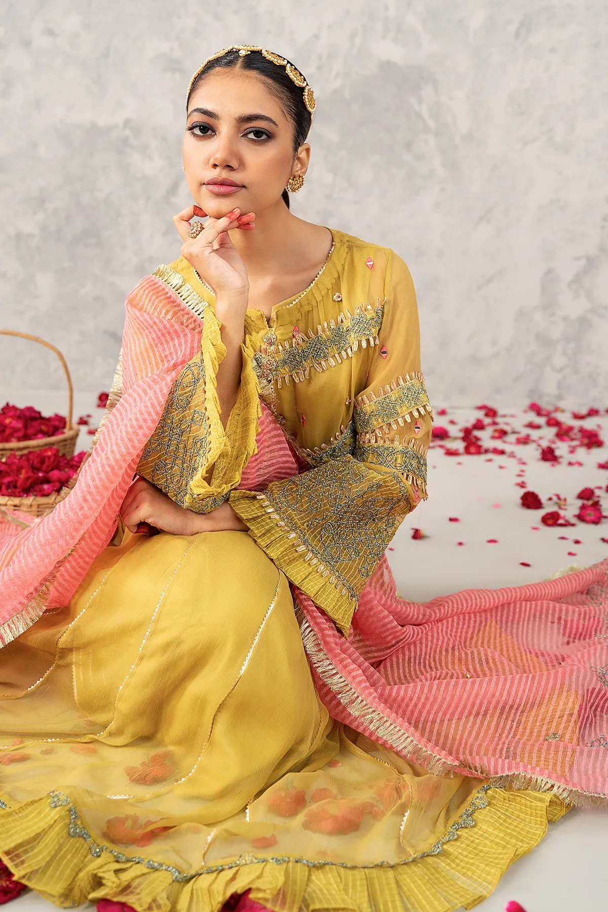 3-PC Embroidered Poly Net Shirt with Net Dupatta and Trouser CMA22-56 (MUSTARD)