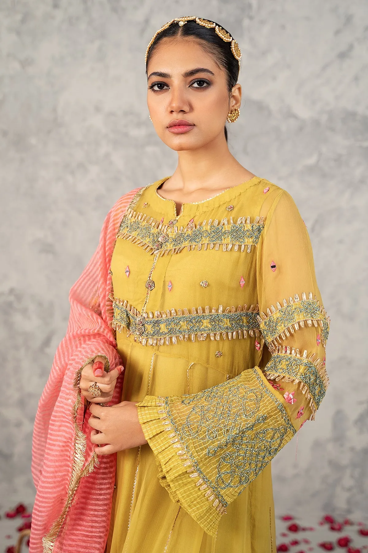 3-PC Embroidered Poly Net Shirt with Net Dupatta and Trouser CMA22-56 (MUSTARD)