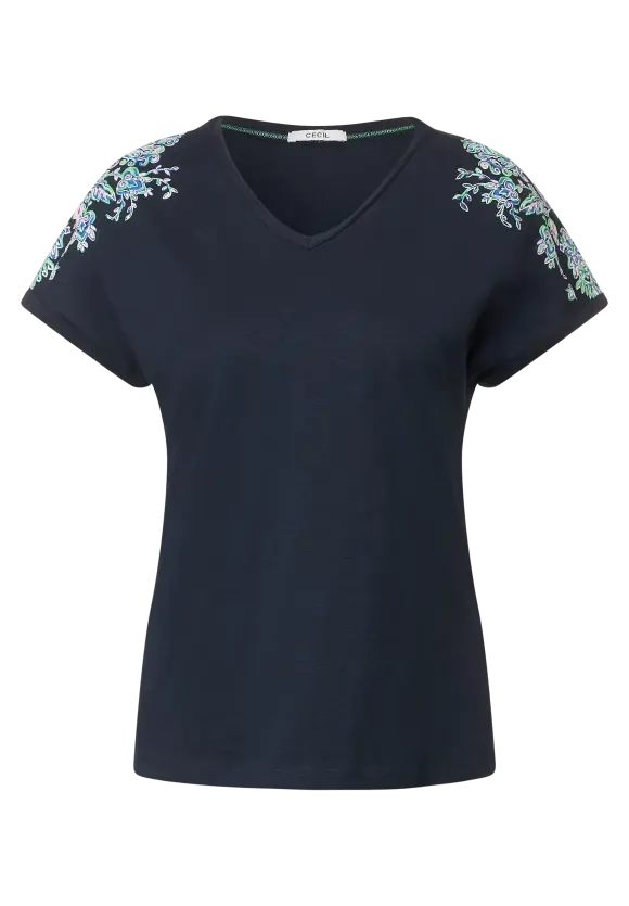 320176 Navy Shoulder Print T-shirt by Cecil