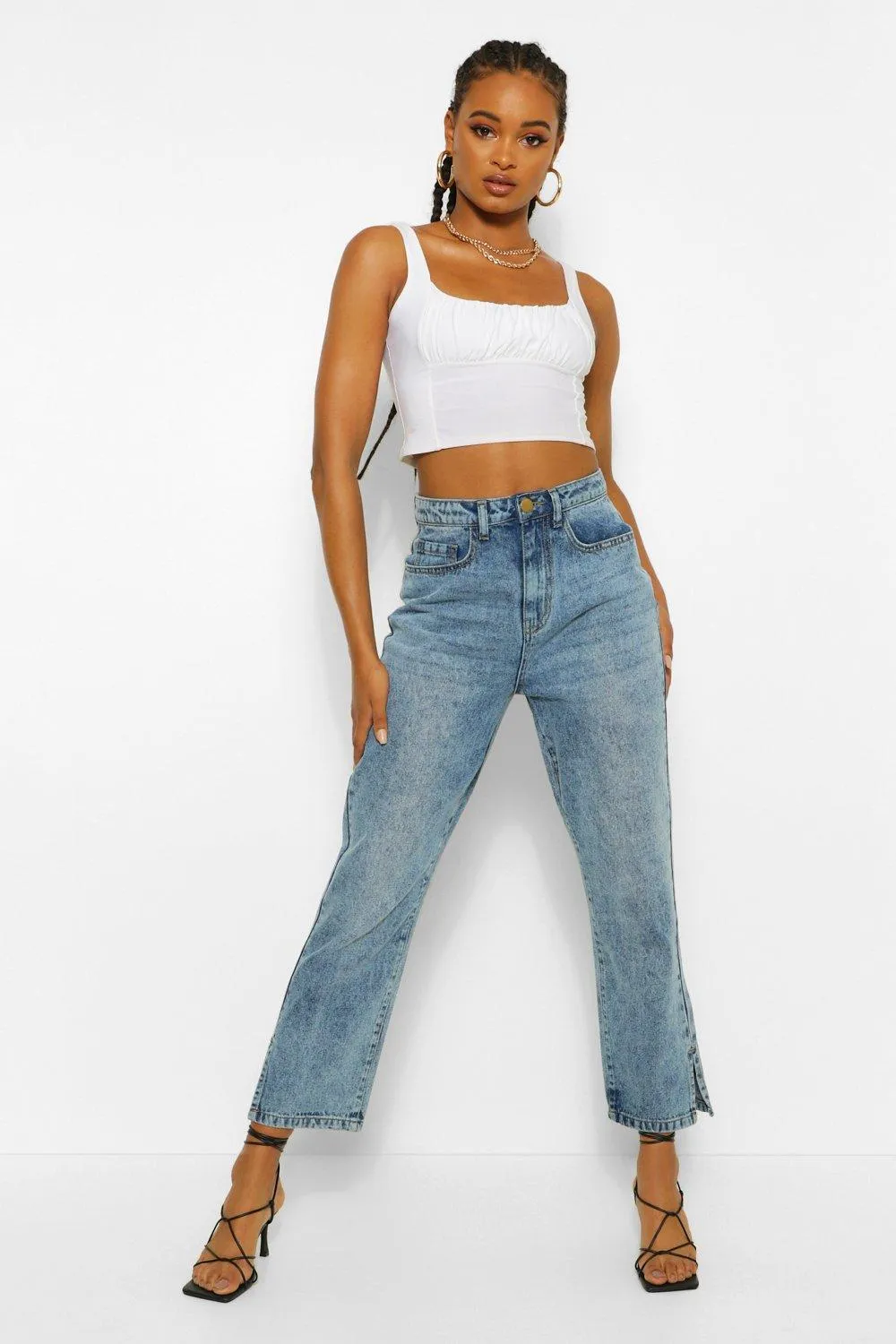 Acid Wash Split Hem Ankle Mom Jeans