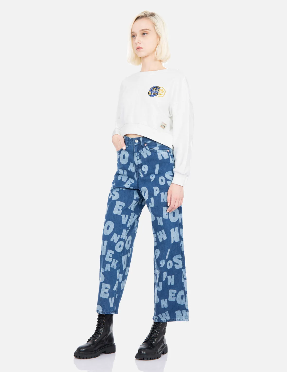 Allover Text Discharge Print Loose-Fit Jeans