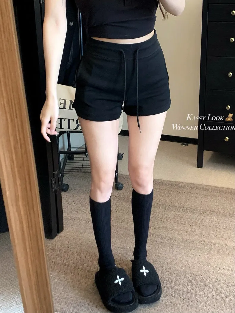 American hot girl sexy hot pants ultra shorts casual pants women summer black high waist drawstring sports pants shorts trendy