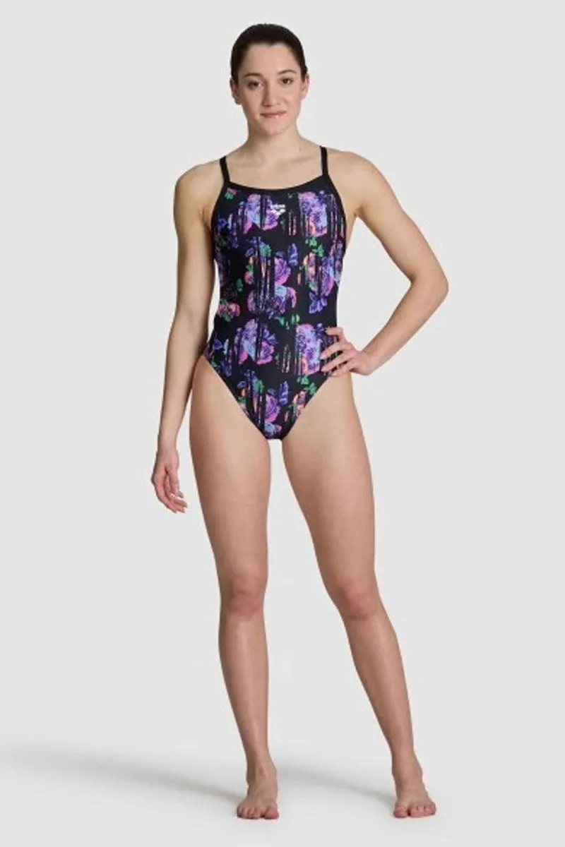 Arena - Rose Texture Ladies XCross Back Swimsuit - Black/Multi