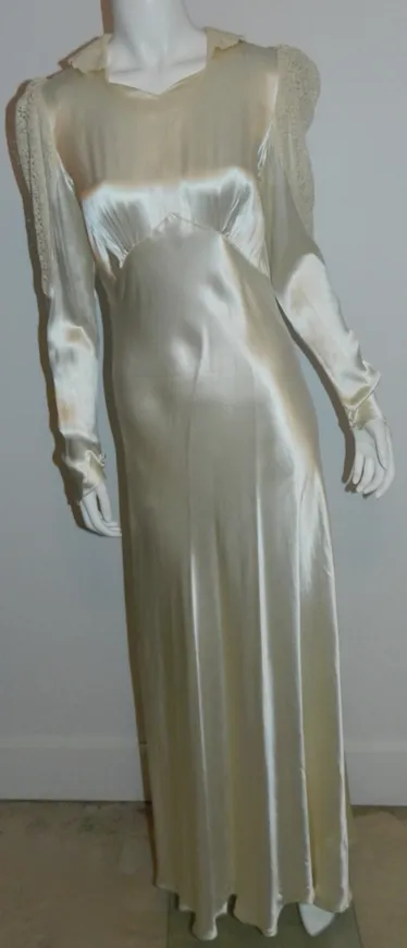 Art Deco silk satin wedding gown 1930s bias cut ivory button back dress lace sleeves XS