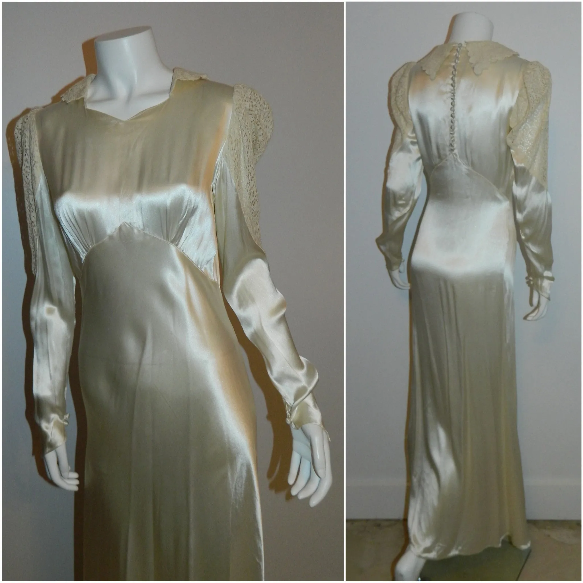 Art Deco silk satin wedding gown 1930s bias cut ivory button back dress lace sleeves XS