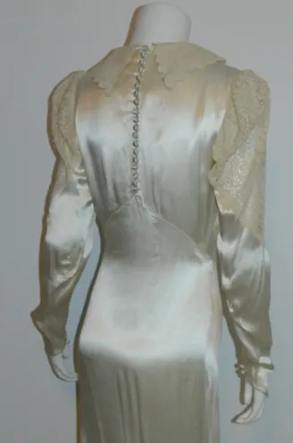 Art Deco silk satin wedding gown 1930s bias cut ivory button back dress lace sleeves XS