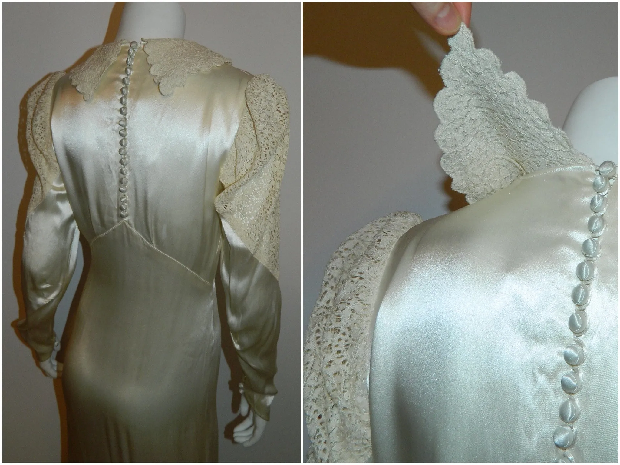 Art Deco silk satin wedding gown 1930s bias cut ivory button back dress lace sleeves XS