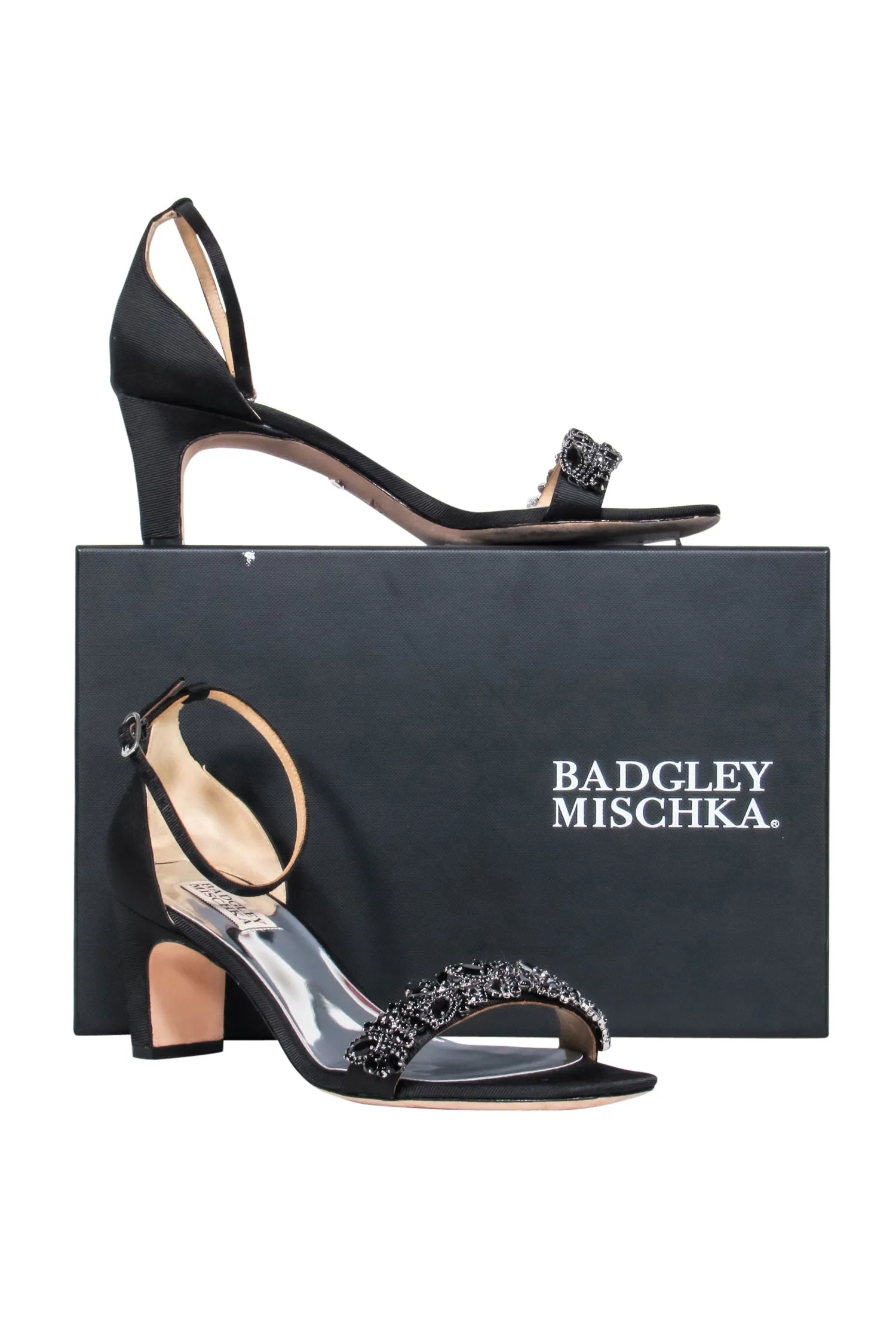 Badgley Mischka – Black Satin w/ Crystals Ankle Strap Heels Sz 9