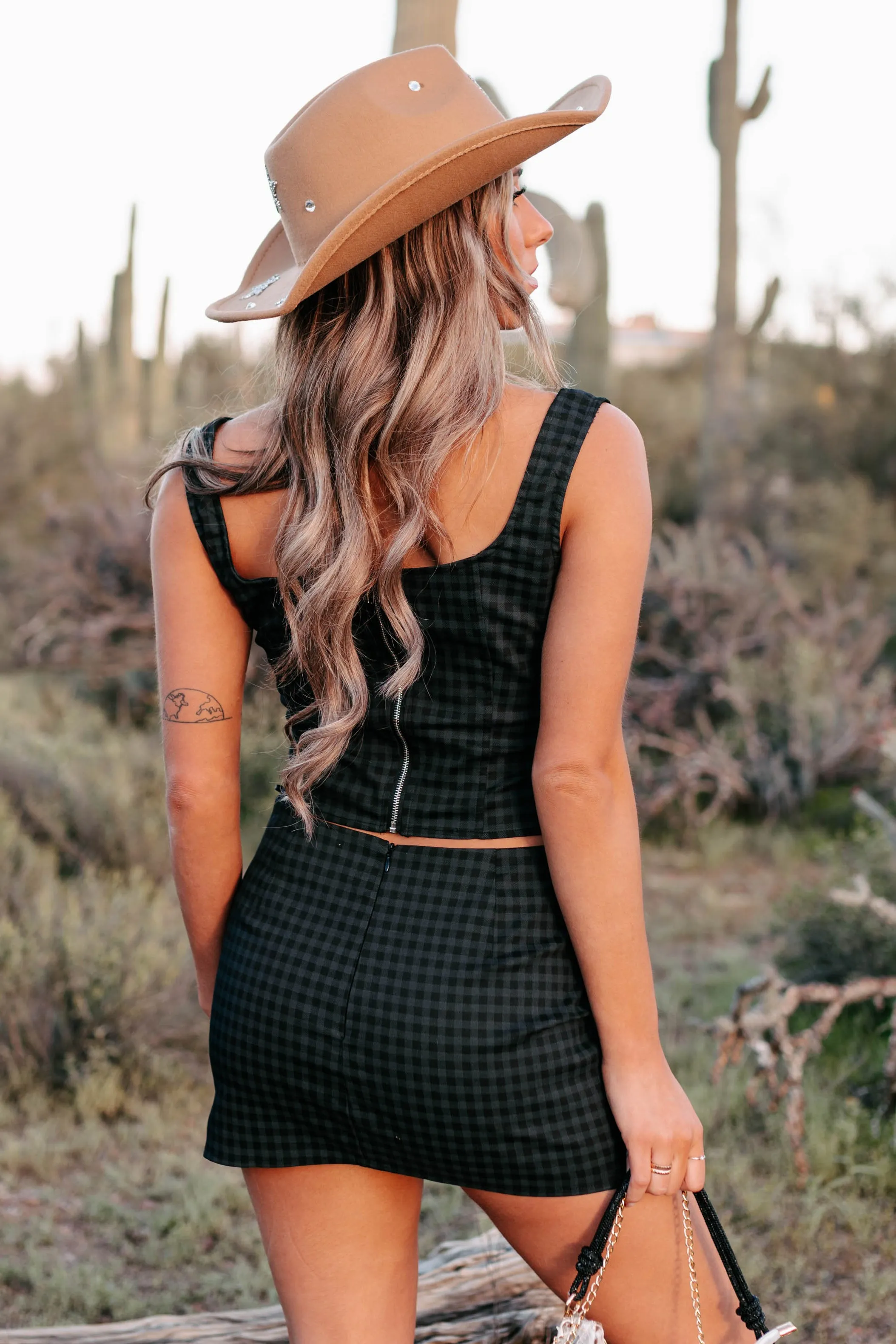 Been That Girl Gingham Plaid Top & Skirt Matching Set (Charcoal)