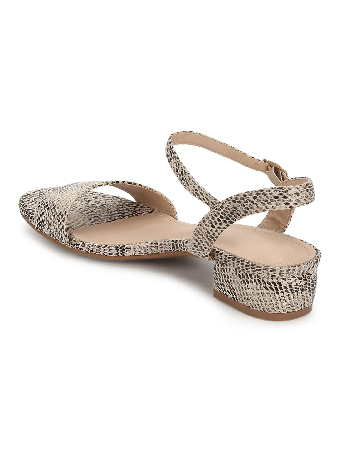 Beige Snake PU Low Ankle Strap Block Heels