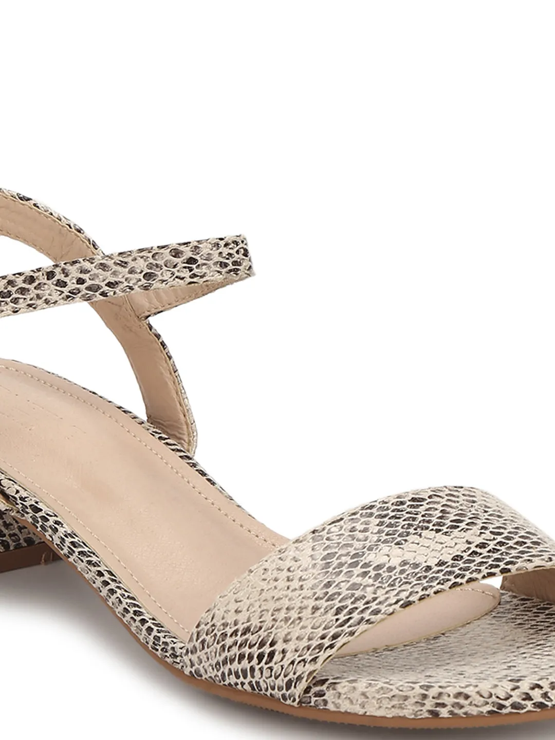 Beige Snake PU Low Ankle Strap Block Heels