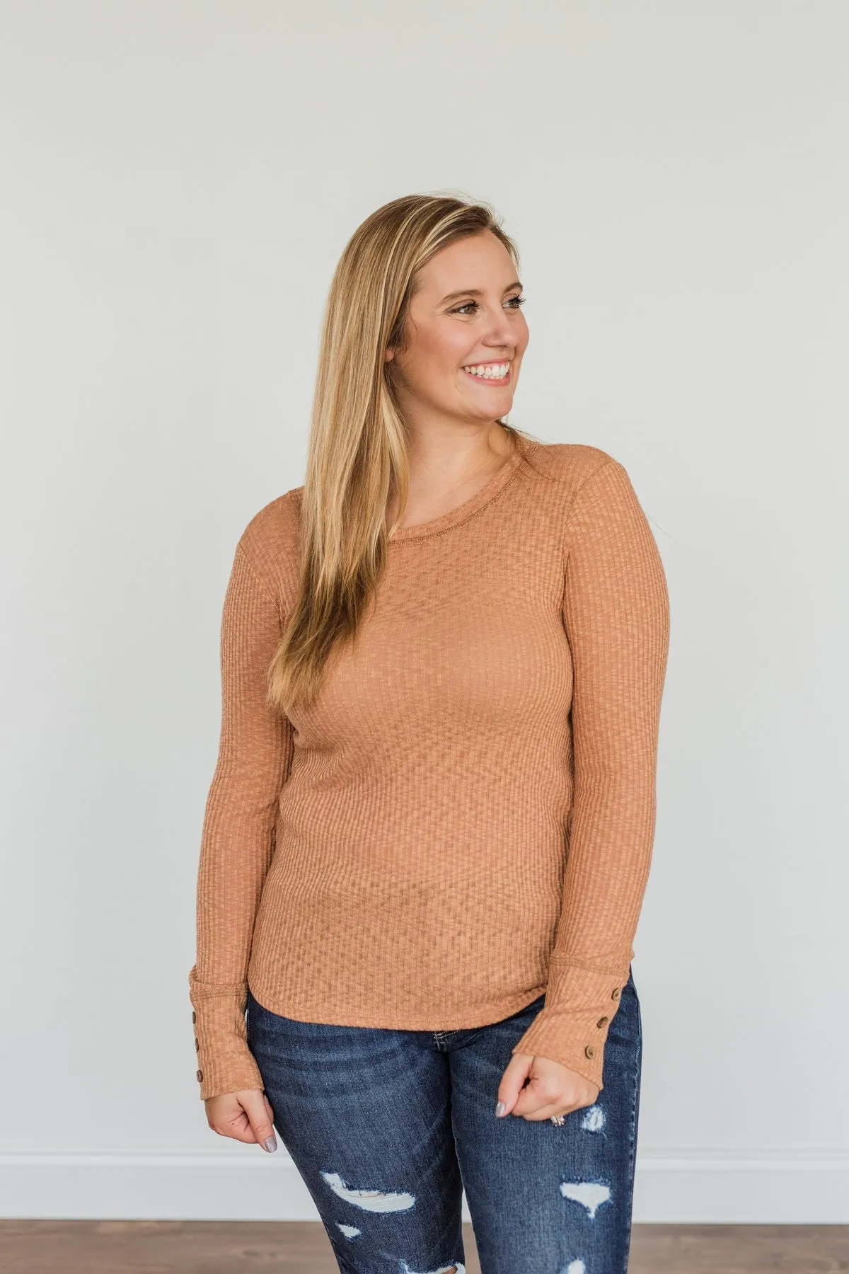 Camel Better Than Ever Long Sleeve Knit Top