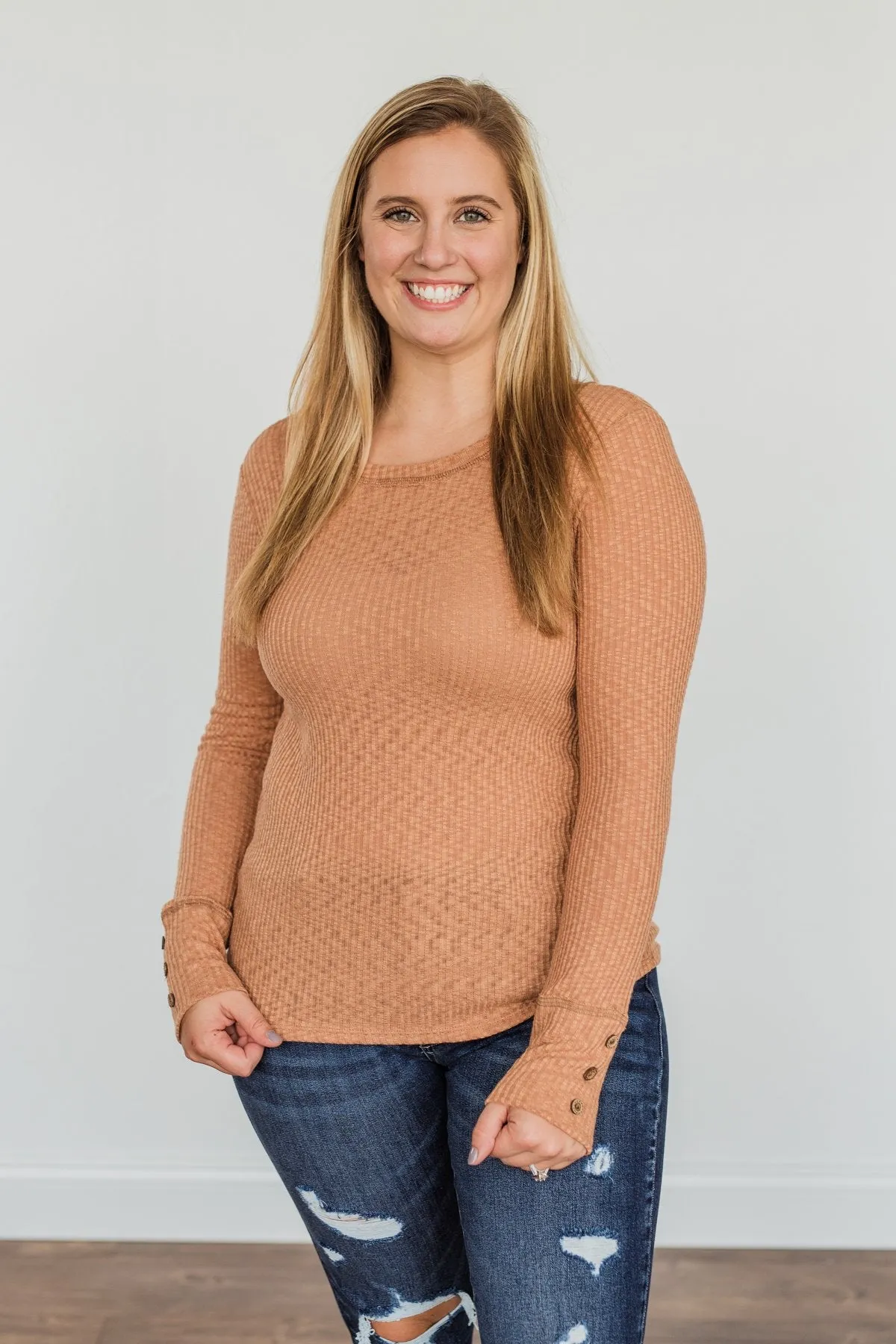 Camel Better Than Ever Long Sleeve Knit Top