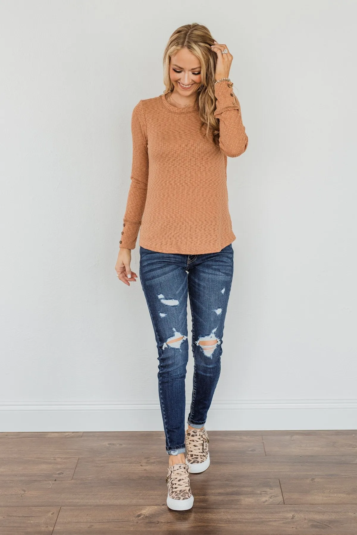 Camel Better Than Ever Long Sleeve Knit Top