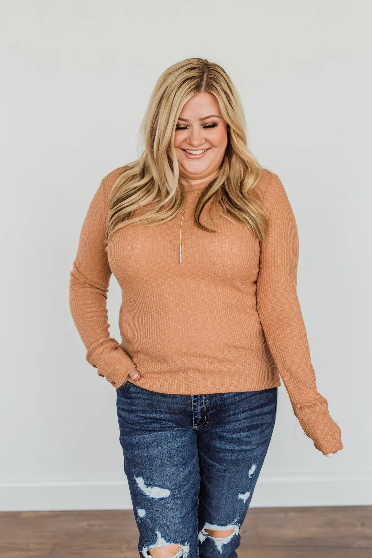 Camel Better Than Ever Long Sleeve Knit Top