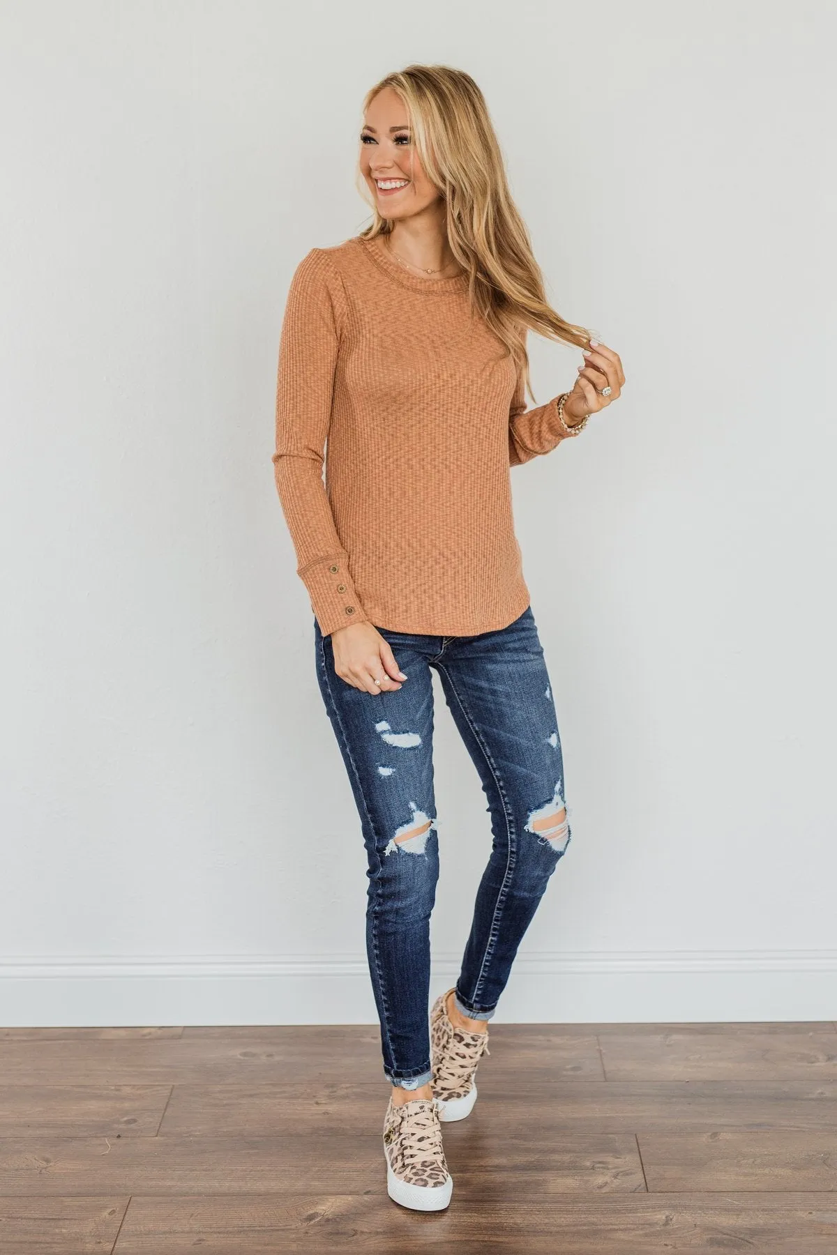 Camel Better Than Ever Long Sleeve Knit Top