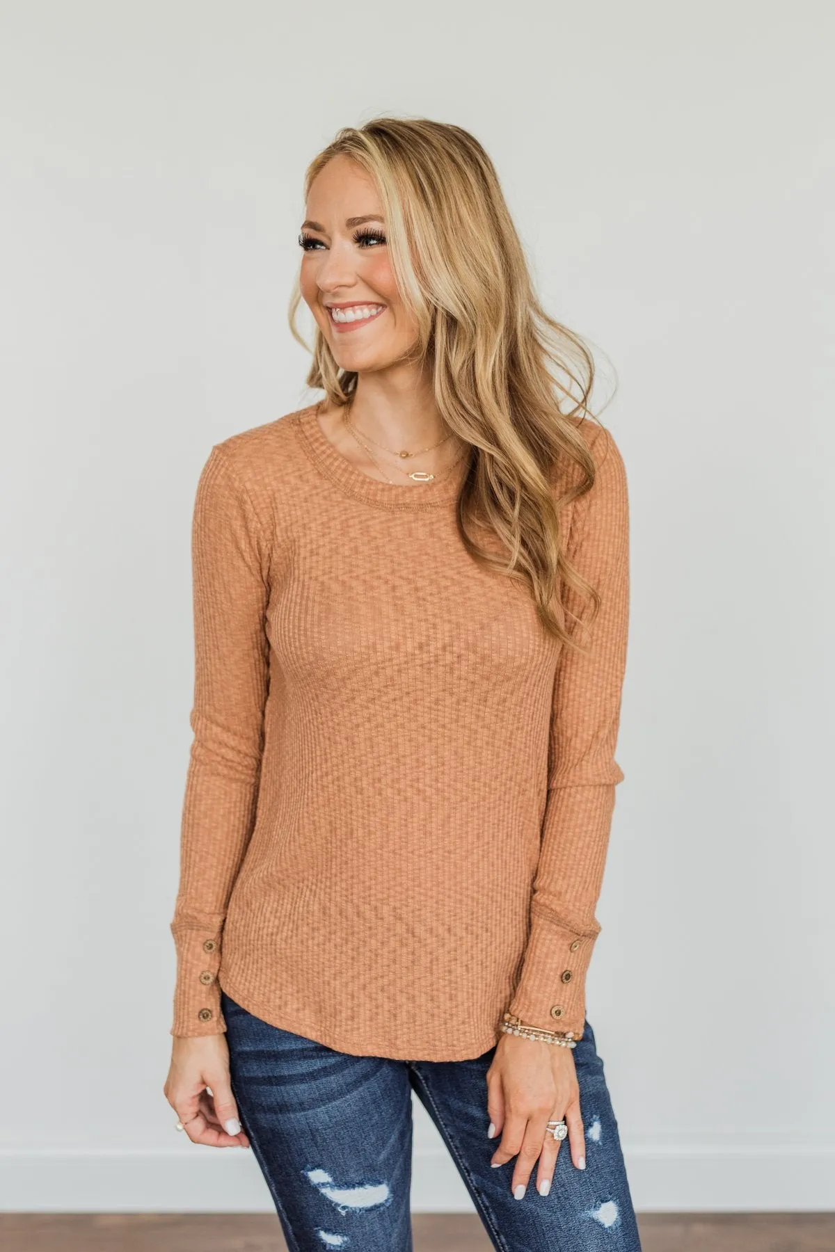 Camel Better Than Ever Long Sleeve Knit Top