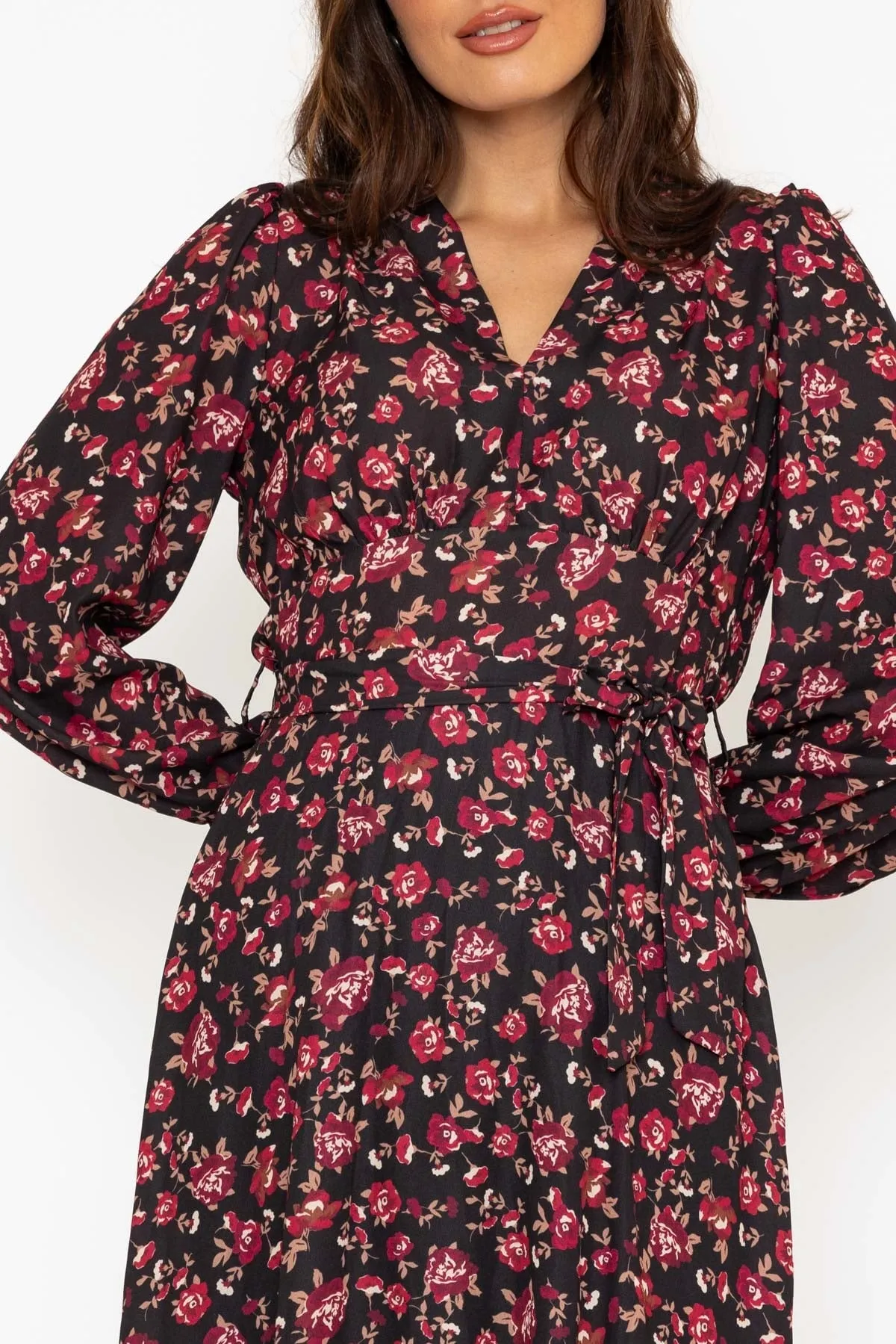 Black & Red Floral Print Sinead Midi Dress