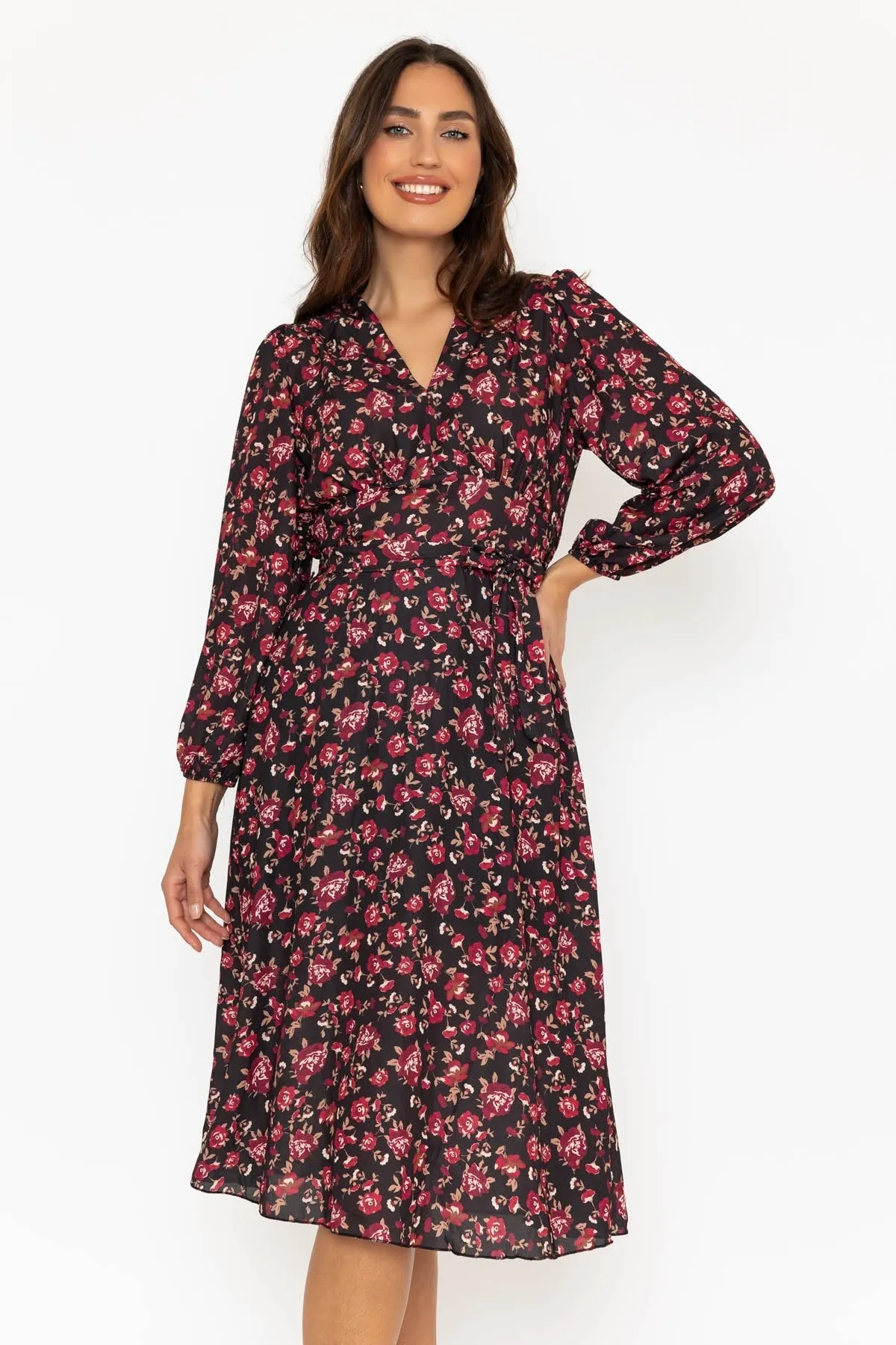 Black & Red Floral Print Sinead Midi Dress