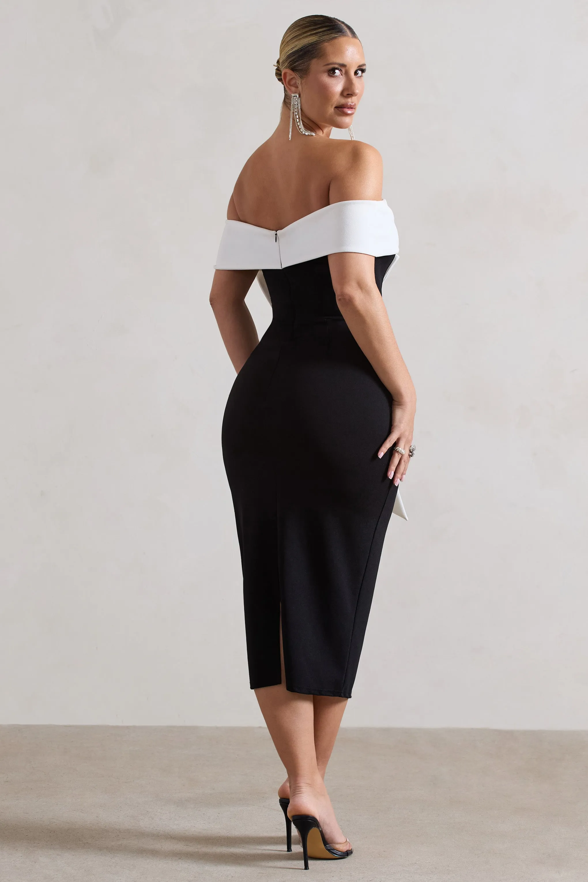 Black Bodycon Bandeau Midi Dress With Oversized White Bow - Shop Now