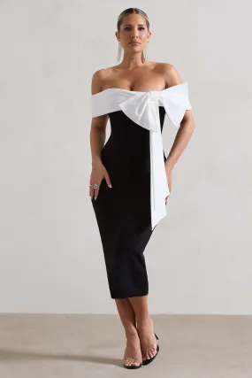 Black Bodycon Bandeau Midi Dress With Oversized White Bow - Shop Now