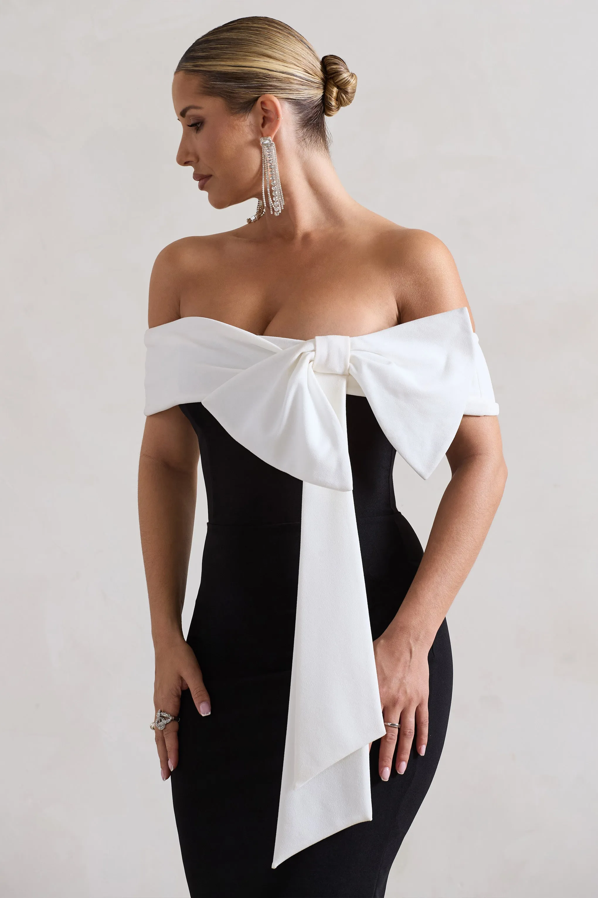 Black Bodycon Bandeau Midi Dress With Oversized White Bow - Shop Now