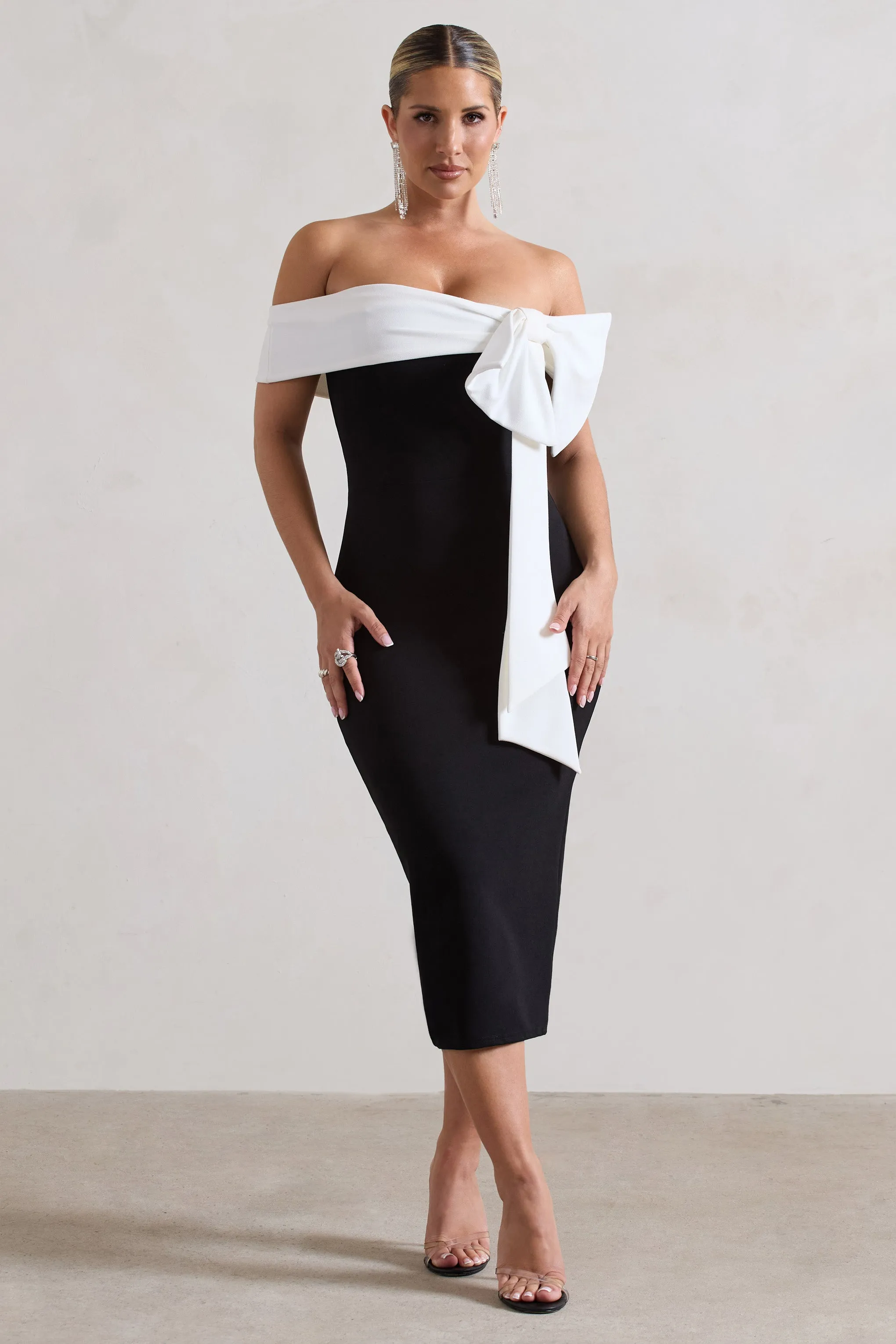 Black Bodycon Bandeau Midi Dress With Oversized White Bow - Shop Now