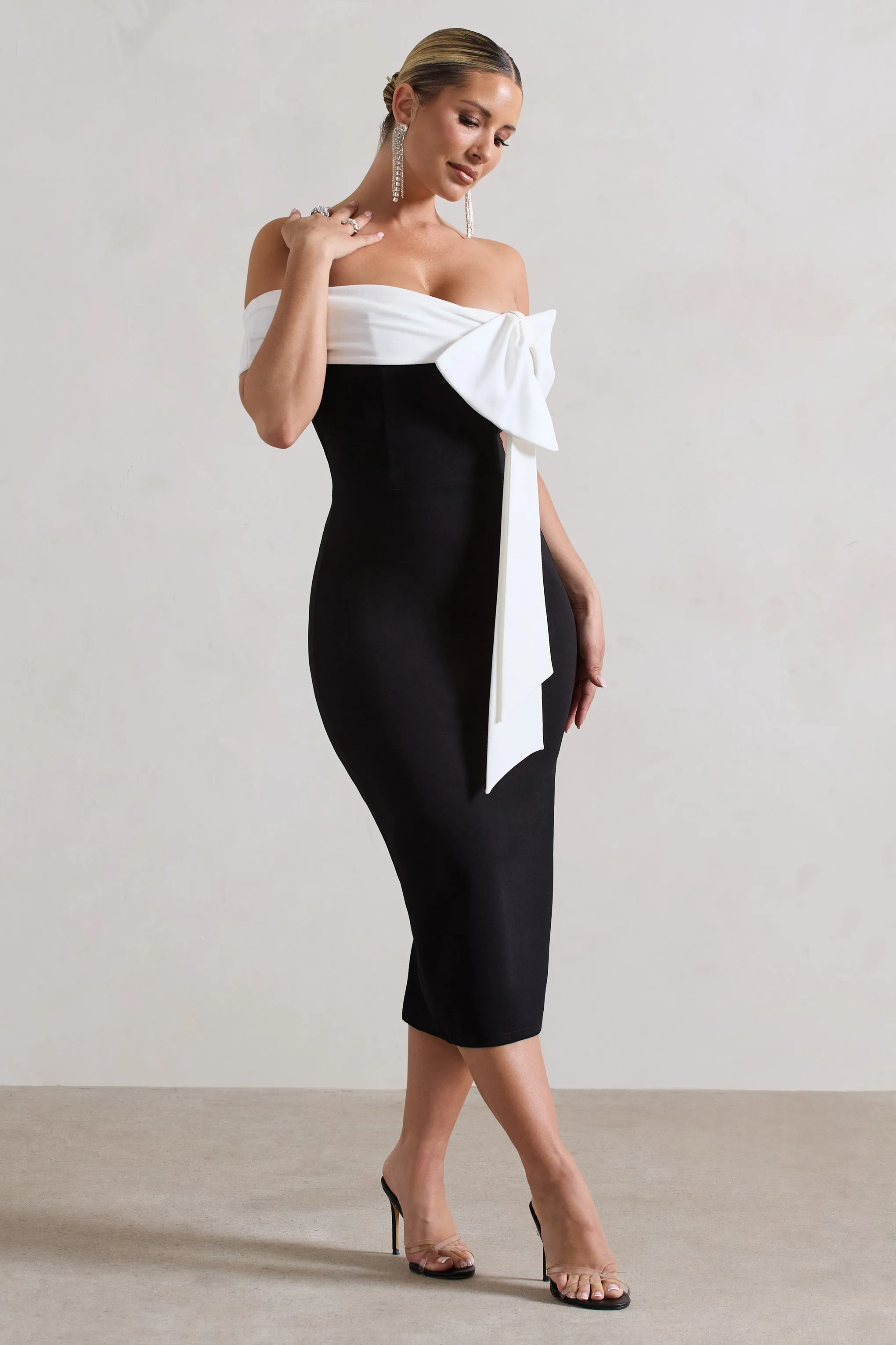 Black Bodycon Bandeau Midi Dress With Oversized White Bow - Shop Now