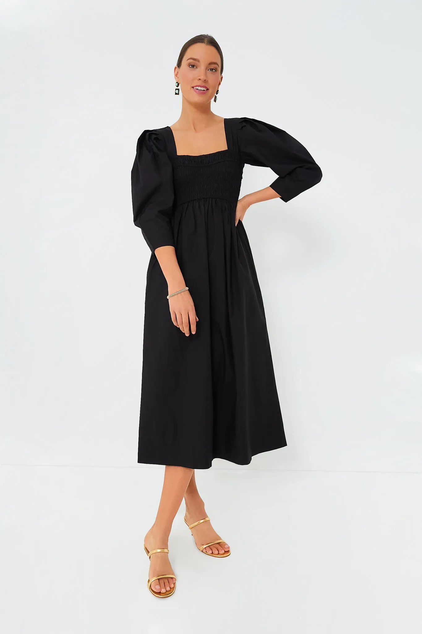 Black Cotton Poplin Open-Neck Smock Long Dress