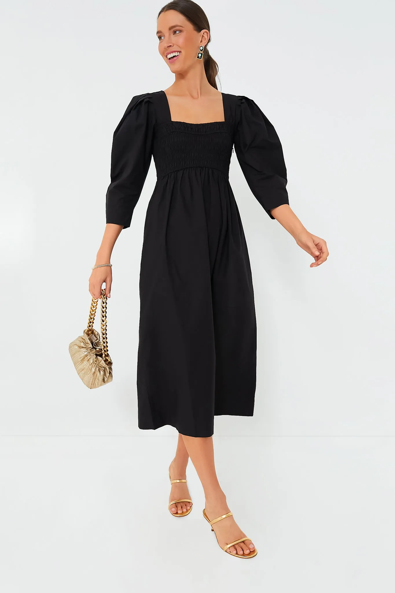 Black Cotton Poplin Open-Neck Smock Long Dress