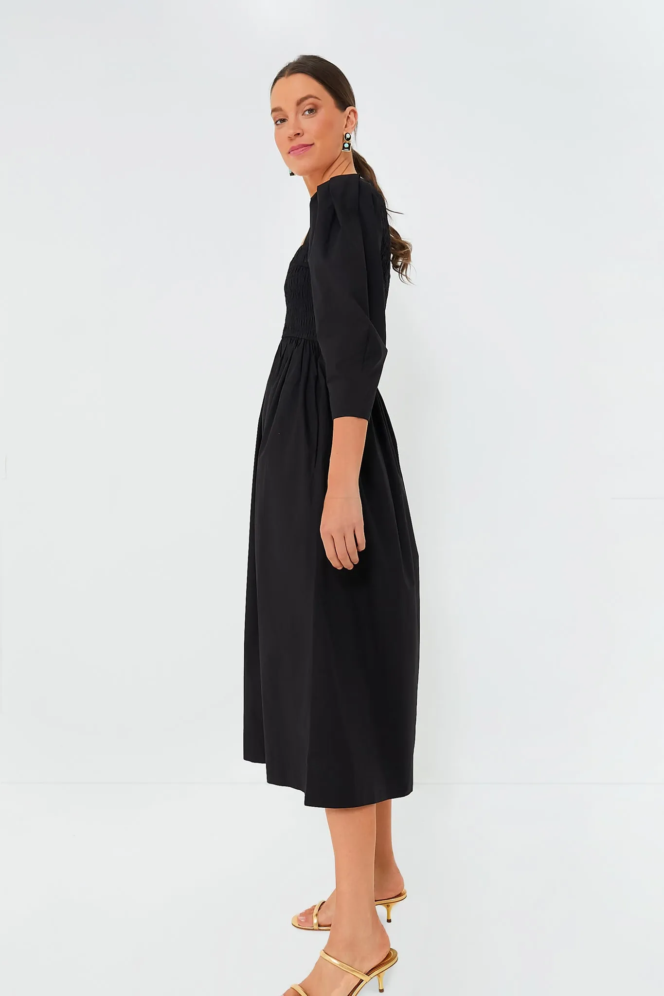 Black Cotton Poplin Open-Neck Smock Long Dress