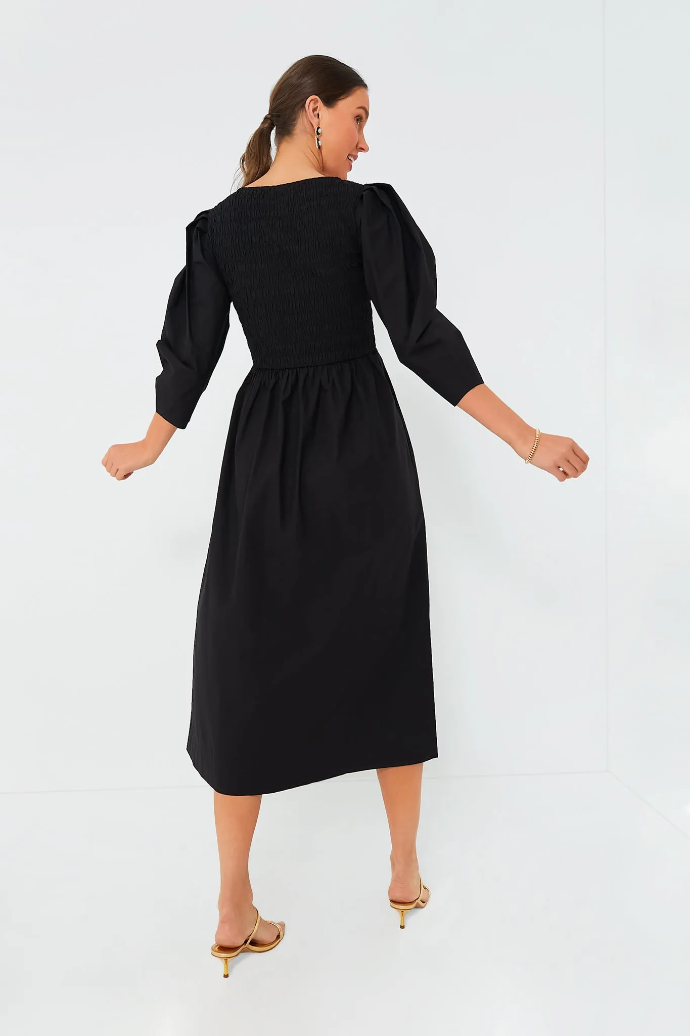 Black Cotton Poplin Open-Neck Smock Long Dress