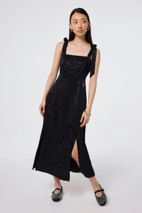 Black Jacquard Leopard Tie Shoulder Dress