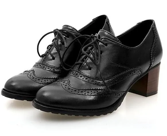 Black Lace Up Vintage High Heels Oxfords Dress Shoes