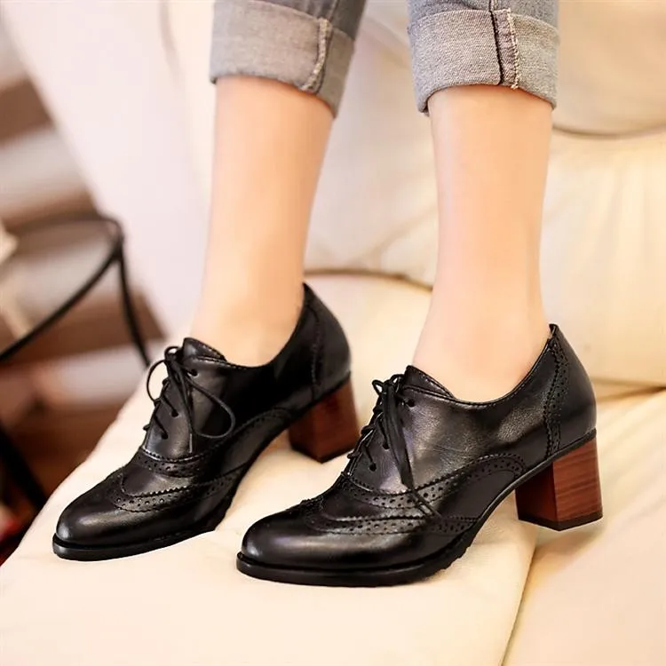 Black Lace Up Vintage High Heels Oxfords Dress Shoes