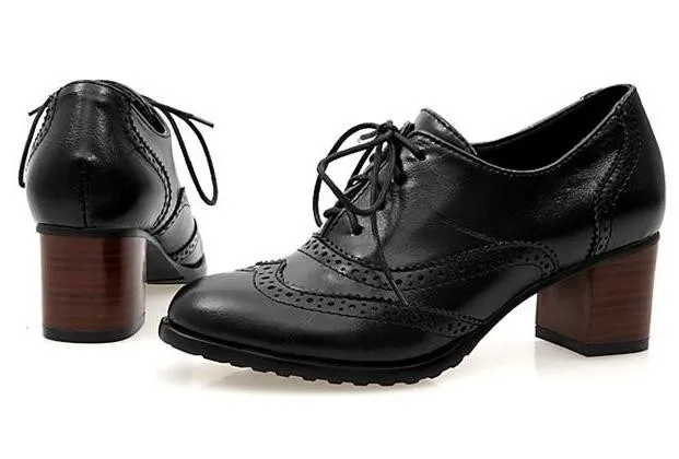 Black Lace Up Vintage High Heels Oxfords Dress Shoes