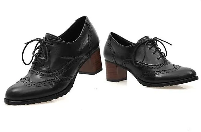 Black Lace Up Vintage High Heels Oxfords Dress Shoes