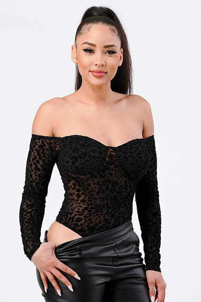 Off Shoulder Bodysuit featuring Black Leopard Print