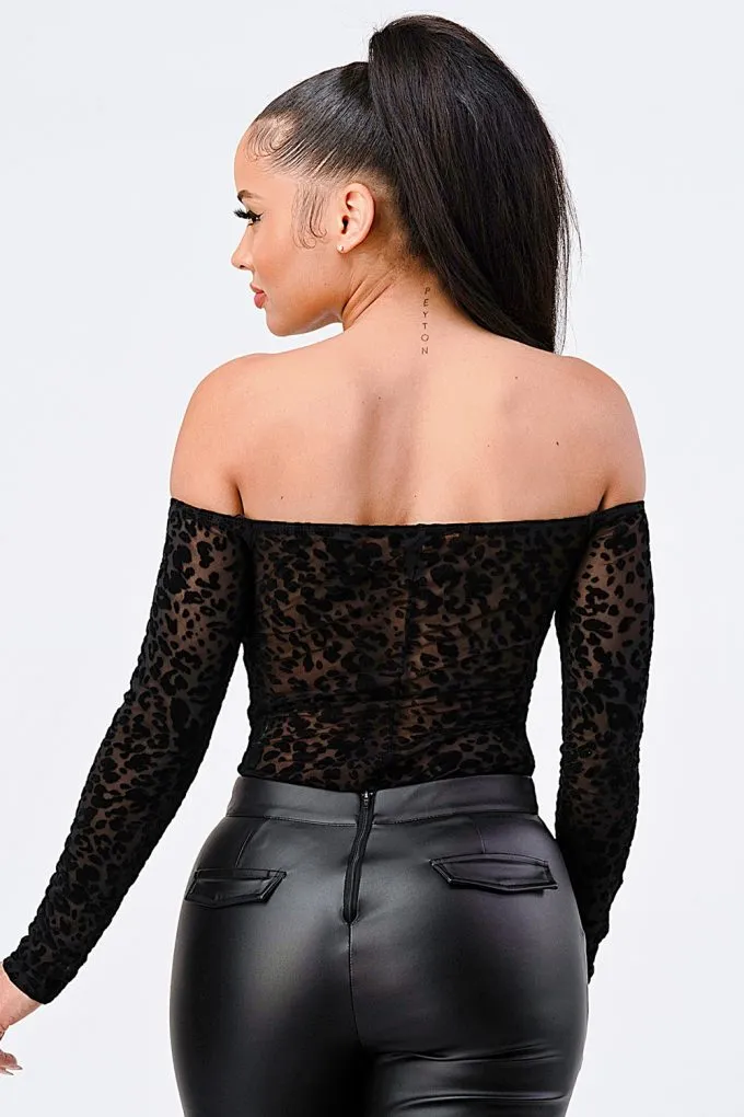 Off Shoulder Bodysuit featuring Black Leopard Print