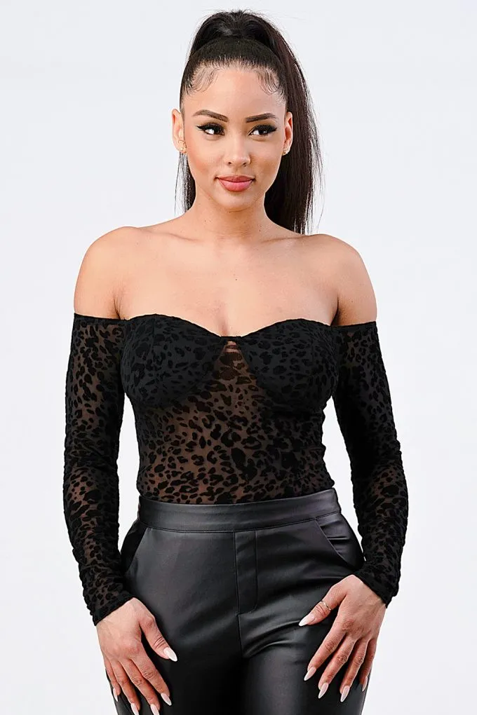 Off Shoulder Bodysuit featuring Black Leopard Print