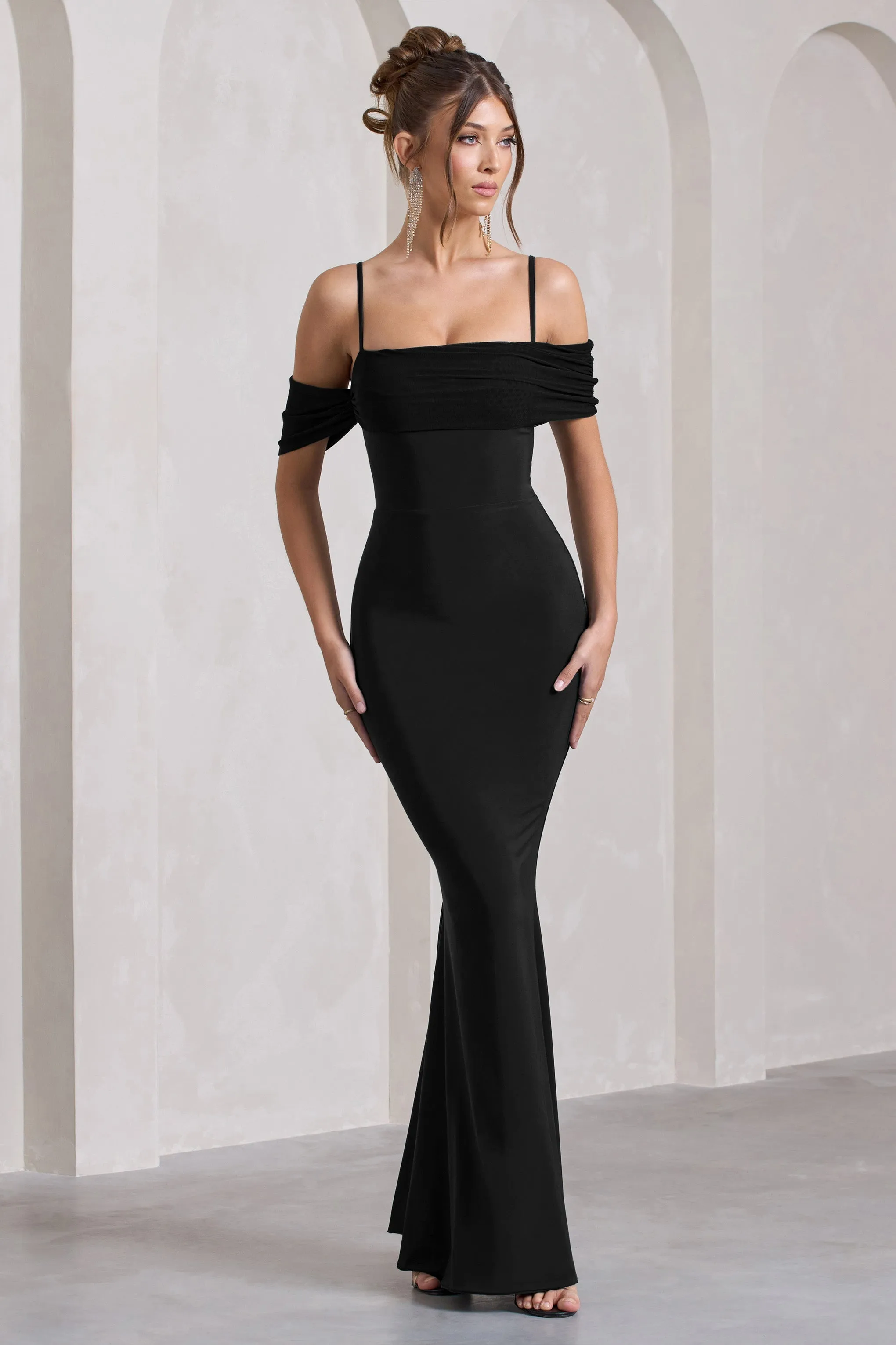 Black Mesh Bardot Maxi Dress - Miracle Brand