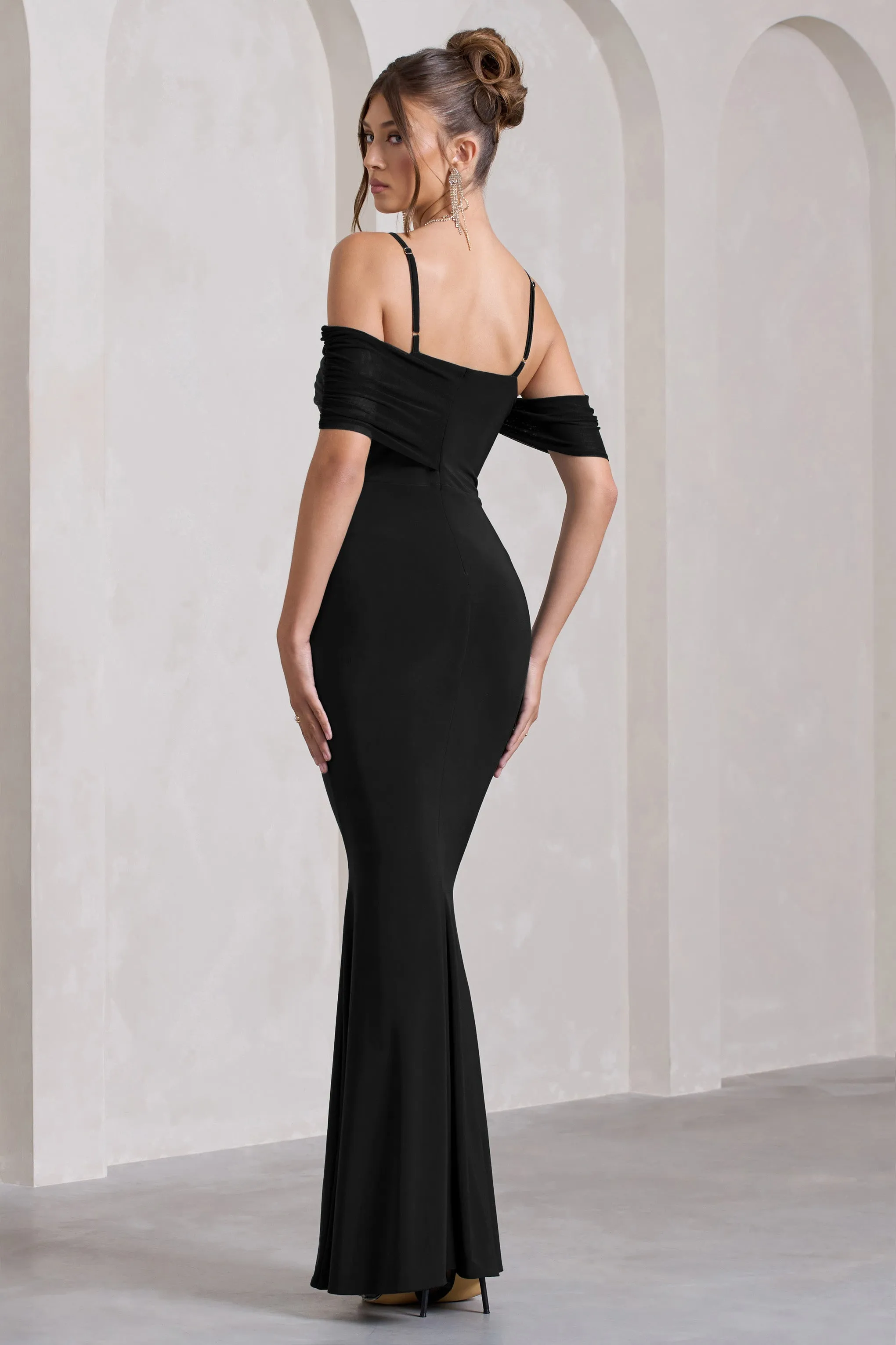 Black Mesh Bardot Maxi Dress - Miracle Brand