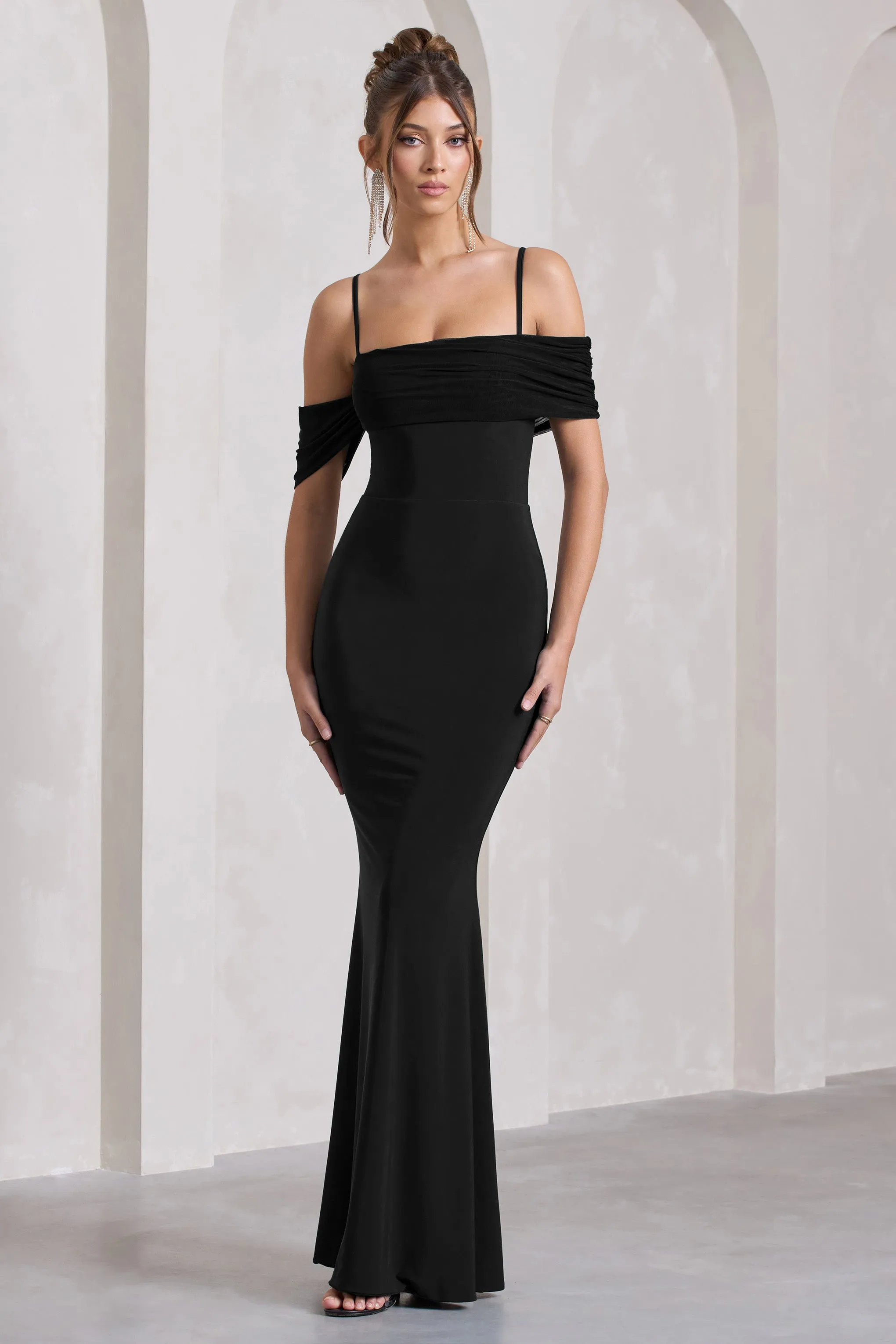 Black Mesh Bardot Maxi Dress - Miracle Brand