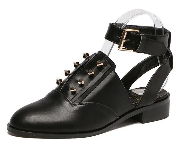 Black Metal Spikes Punk Rock Ankle Strap Oxfords Women Flats Shoes