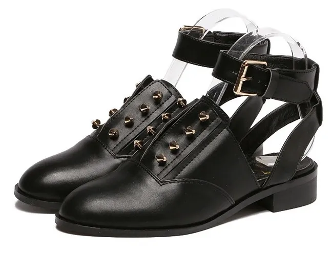 Black Metal Spikes Punk Rock Ankle Strap Oxfords Women Flats Shoes