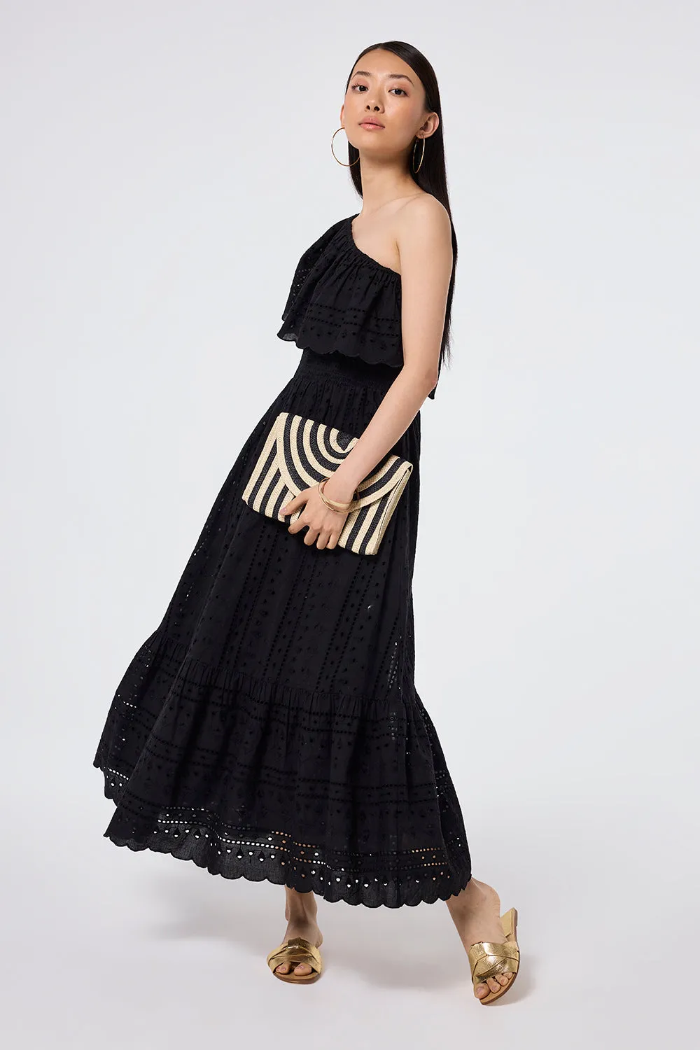 Black One Shoulder Broderie Tiered Midi Dress