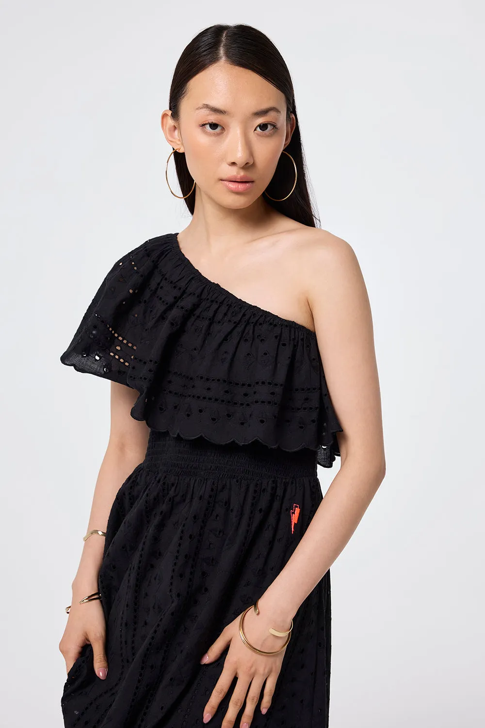 Black One Shoulder Broderie Tiered Midi Dress