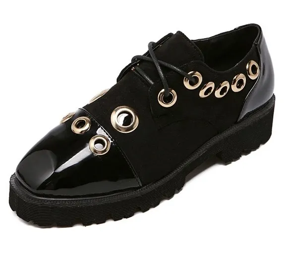 Black Patent Metal Studs Ring Grunge Lace Up Oxfords Shoes